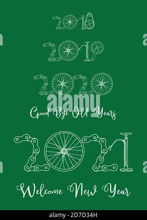 2021 Bicycle Happy New Year welcome vector card illustration on green background Stock Vector