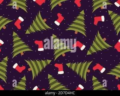 Christmas seamless pattern with Christmas tree and socks. Holiday time. Festive background for Christmas decorations, greeting cards and banners. Vect Stock Vector