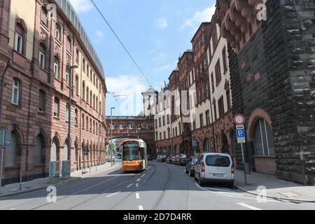FRANKFURT AM MAIN, GERMANY - June 19 , 2014 : View of electric tram in city downtown. Stock Photo