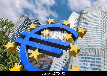 FRANKFURT AM MAIN, GERMANY - June 19 , 2014 : Euro sign at European Central Bank headquarters, in Frankfurt, Germany. Business, and finance concept. Stock Photo