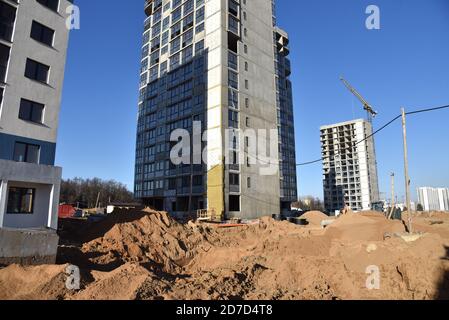 construction site, tower crane, apartment, background, blue, building, buildings, city, commercial, complex, condominium, construction, development, d Stock Photo