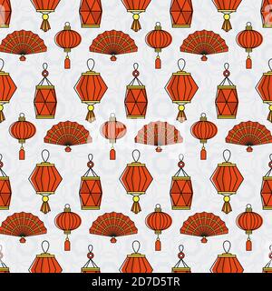 Chinese Pattern with hand Fan. Flat vector illustration. Stock Vector