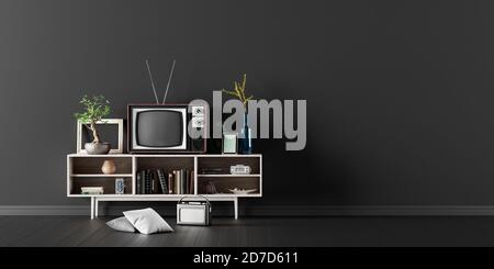 Classic retro black interior design of living room 3d Render 3d illustration Stock Photo