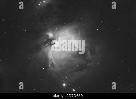 London, UK. 22 October 2020. Clear early morning sky over London allows photographer to take detailed monochrome image of the Orion Nebula using a narrowband filter to pick up Hydrogen emission region of this vast gas cloud 1344 light years from Earth. Exposure time 1 hour taken with a monochrome astrophotography camera cooled to -15 degrees. Credit: Malcolm Park/Alamy Stock Photo
