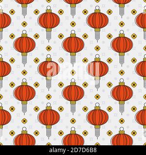Chinese paper lanterns seamless pattern. Flat vector illustration. Stock Vector