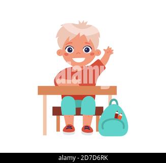 Happy little boy sitting at a desk at a lesson. Cartoon character for school, kindergarten, children development design. Flat vector illustration isolated on white background Stock Vector