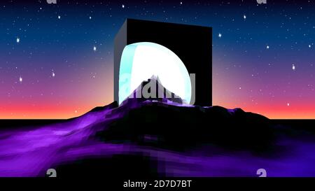 Abstract alien landscape with mysterious ruins of cube building and shiny light inside. Science fiction space landscape in 80s style Stock Vector