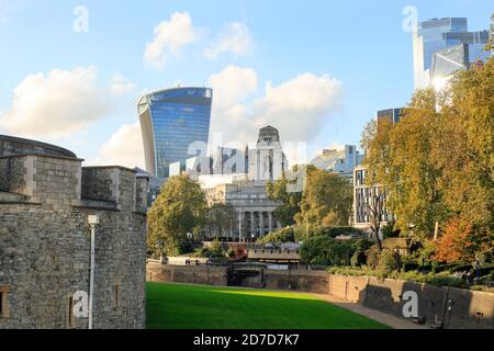 View overlooking Tower of London with skyscrapers in the background -  it is empty of people due to the Covid pandemic,It is normally full of tourists Stock Photo