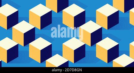 Seamless pattern with cube or box shape on blue background in modern dotted texture style Stock Vector