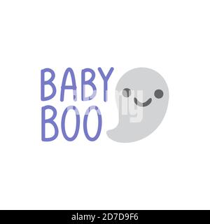 Hand drawn vector illustration of a kawaii funny ghosts, with text Happy Halloween, Boo, Trick or treat in speech bubbles. Isolated objects. Line draw Stock Vector