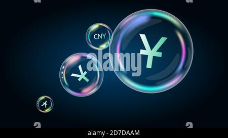 China CNY coin symbol in soap bubble. The US economy is inflated and burst. The financial pyramid will be destroyed. Vector EPS10. Stock Vector