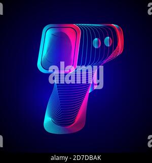 Digital non-contact infrared thermometer. Outline vector illustration of electronic temperature gun in 3d line art style on neon abstract background Stock Vector