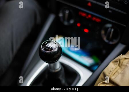 Details with a gear shift knob of a manual gearbox car Stock Photo