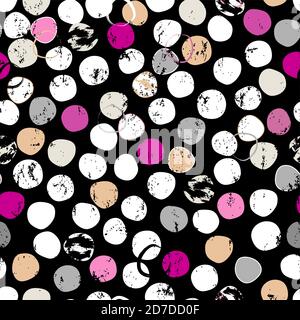 seamless pattern background, with circles/dots, paint strokes and splashes, on black Stock Vector