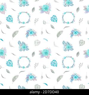 Seamless pattern of floral arrangement. Tropical palm leaves, pampas, rose blue, magnolia, eucalyptus branches, green on white background Stock Photo