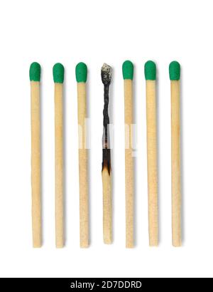 Seven matches aligned one burned in vertical position against white background. Stock Photo