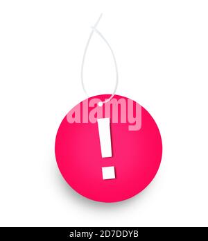 Red color tag with exclamation mark sign. Hanging against white background. Clipping path on tag and hanger tape Stock Photo