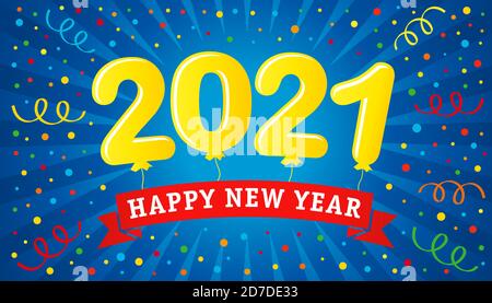 Happy New 2021 Year. Holiday vector illustration with yellow helium balloons numbers 2021. Realistic 3d sign. Festive poster or banner design Stock Vector