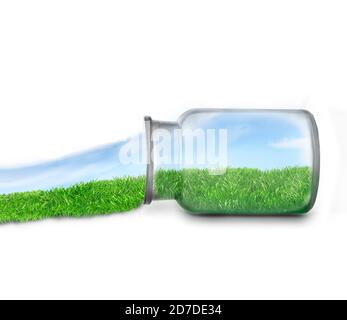 Creative photomontage of clear day and green grass inside a glass bottle pouring landscape. Funny ecological concept Stock Photo