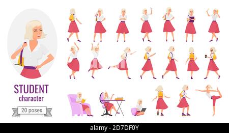 Student girl poses vector illustration set. Cartoon cute beautiful young woman wearing red skirt and white shirt studying, communicating by phone, walking, rollerblading postures isolated on white Stock Vector