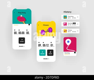 Generic and fictional user interface for fitness application with different workouts 3d isometric illustrations and UI elements, bright visual concept Stock Vector