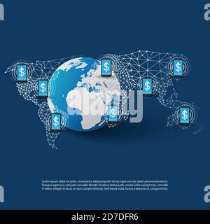 Global Online Mobile Payment Systems Concept, Worldwide Transactions, Connections and Networks Stock Vector