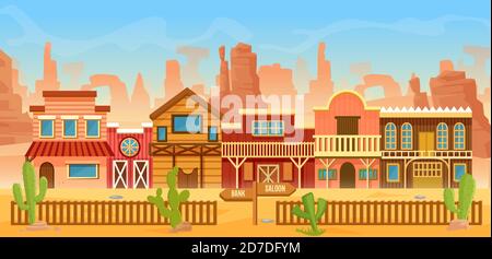 Western American town in desert landscape vector illustration. Cartoon flat scenery in wild west of America, old houses with home, bar saloon or bank for cowboys, cactuses on mountain rocks background Stock Vector