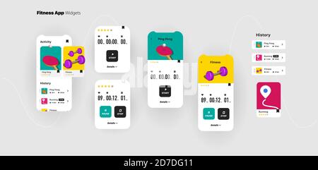 Uiser interface set of dashbord elements for mobile fitmess application with bright workout illustrations in 3d isometric style, generic and fictional Stock Vector