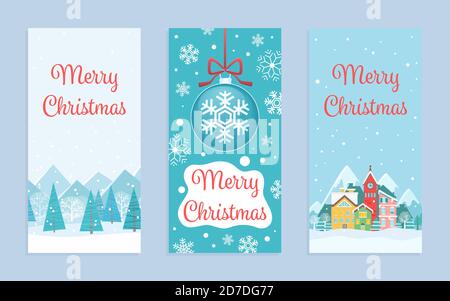 Merry Christmas greeting card vector illustration set. Cartoon scandinavian style Xmas geometric trees, Christmas traditional colorful houses under snow, snowflakes in winter holidays collection Stock Vector