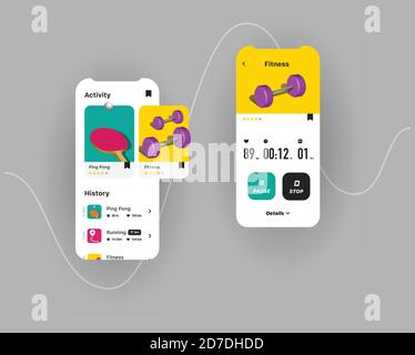 Generic and fictional user interface for fitness application with different workouts 3d isometric illustrations and timer with heart rate, bright Stock Vector