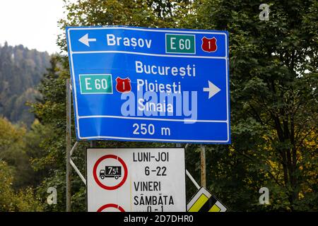 Rasnov, Romania - October 4, 2020: Road indicator on a Romanian road Stock Photo