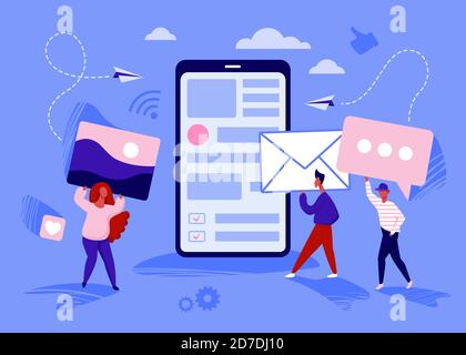 People create online content vector illustration. Cartoon creator characters holding pictures, document files in hands, standing next to big smartphone, creative creation for blog concept background Stock Vector
