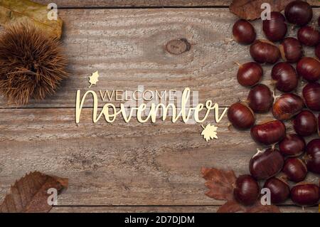 Welcome November card. Roasted chestnuts on a wooden table with some leaf and a hedgehog. Stock Photo