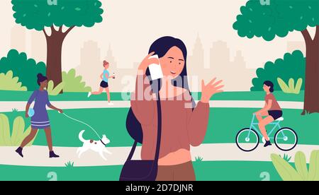 Woman with phone in city park vector illustration. Cartoon young female character standing in summer park cityscape, lady talking and walking outdoor, communication by smartphone technology background Stock Vector