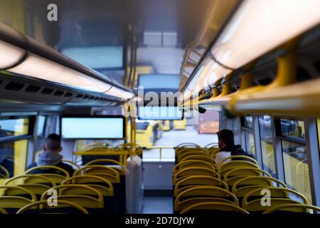 21 October 2020, Berlin: An interior view of the upper floor of the new BVG double-decker. Bus of the type 'Alexander Dennis Enviro500' is located at the BVG bus depot Müllerstraße. The Berliner Verkehrsbetriebe present two new BVG double-deckers. The bus has room for 112 passengers, is 2.55 metres wide and 4.06 metres high. From mid-November, the vehicles are scheduled to run on Line 100. Photo: Kira Hofmann/dpa-Zentralbild/ZB Stock Photo