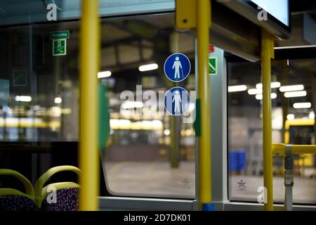 21 October 2020, Berlin: An interior view of the new BVG double-decker 'Dennis' and 'Alex'. Bus of the type 'Alexander Dennis Enviro500' is located at the BVG bus depot Müllerstraße. The Berliner Verkehrsbetriebe present two new BVG double-deckers. The bus has room for 112 passengers, is 2.55 metres wide and 4.06 metres high. From mid-November, the vehicles are scheduled to run on Line 100. Photo: Kira Hofmann/dpa-Zentralbild/ZB Stock Photo