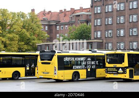 21 October 2020, Berlin: Some buses are located at the bus depot of the Berliner Verkehrsbetriebe in Müllerstraße. Photo: Kira Hofmann/dpa-Zentralbild/ZB Stock Photo