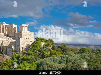 View of part of the entrance of the Propylaea to the Acropolis against the background of a cloudy sky in horizontal format Stock Photo