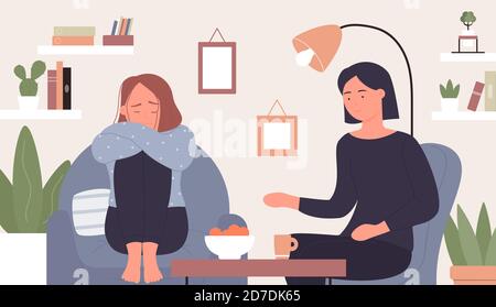 Mental health support vector illustration. Cartoon psychologist or psychiatrist counsel character taking care and help, counselling sad woman patient in communication, psychology therapy background Stock Vector