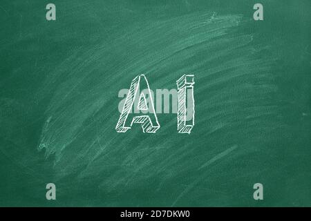 Hand drawing text AI on green chalkboard. Stock Photo