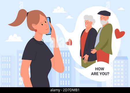 Family happy call vector illustration. Cartoon young girl calling parents during city walk, holding phone in hand, talking with smiling grandfather and grandmother, love grandparent concept background Stock Vector