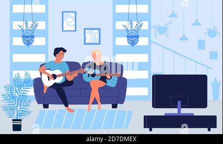People play guitar at home vector illustration. Cartoon man woman musicians, couple or friends characters playing music, guitarists sitting together on sofa in home living room interior background Stock Vector