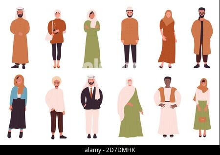 Muslims people vector illustration set. Cartoon flat happy Muslim man woman characters in different clothes standing together in row, Islamic religious young persons collection isolated on white Stock Vector