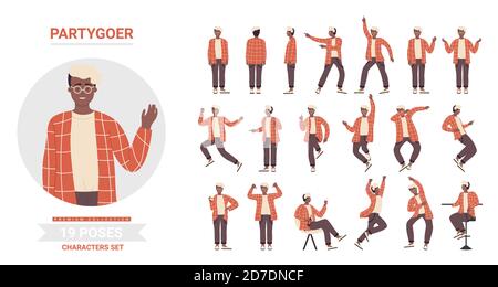 Young man poses on dance party vector illustration set. Cartoon happy dancer male character dancing in different postures, active stylish partygoer person enjoying fun party time isolated on white Stock Vector