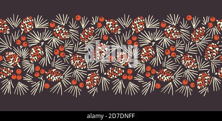 Hand Drawn Linocut Abstract Christmas Pine Cone Foliage Horizontal Vector Seamless Pattern Border Stock Vector