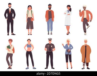 Different job or hobby people vector illustration set. Cartoon flat collection with man woman worker group of characters in uniform, businessman policeman doctor fitness trainer isolated on white Stock Vector