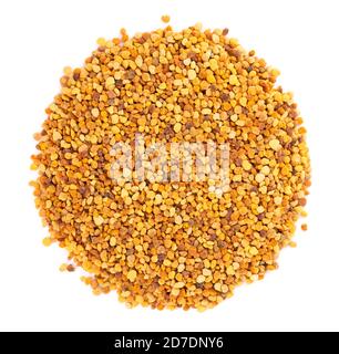 Flower pollen grains, isolated on white background. Pile of bee pollen or perga. Top view. Stock Photo