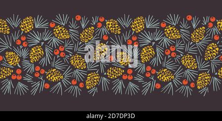 Hand Drawn Linocut Abstract Christmas Pine Cone Foliage Horizontal Vector Seamless Pattern Border Stock Vector