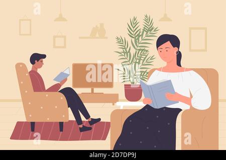 Couple people read books vector illustration. Cartoon young woman man readers characters sit in armchair, booklovers reading books together at home living room interior, lazy happy weekend background Stock Vector