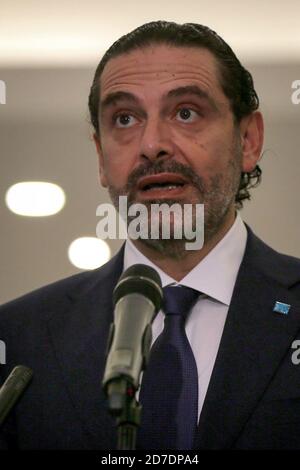 Baabda, Lebanon. 22nd Oct, 2020. Saad Hariri speaks during a press conference after he was renamed as Lebanon's Prime Minister at the Baabda Presidential Palace. Credit: Marwan Naamani/dpa/Alamy Live News Stock Photo